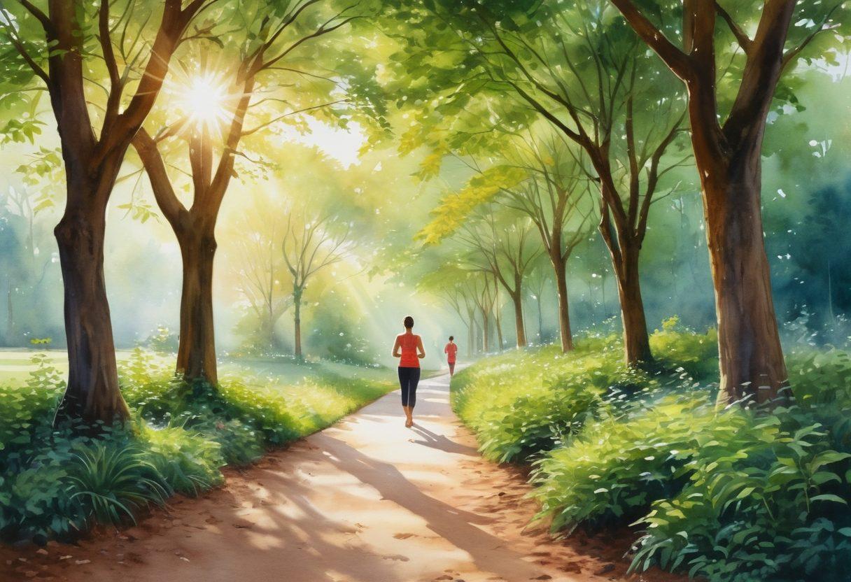 A serene pathway surrounded by lush greenery, symbolizing the journey from diagnosis to survivorship. In the foreground, a diverse group of people engaged in various fitness activities, including yoga and walking, illustrating the integration of therapy and fitness. Soft sunlight filters through the trees, enhancing the atmosphere of hope and healing. Include elements of supportive community, such as friends encouraging each other. watercolor painting. vibrant colors.